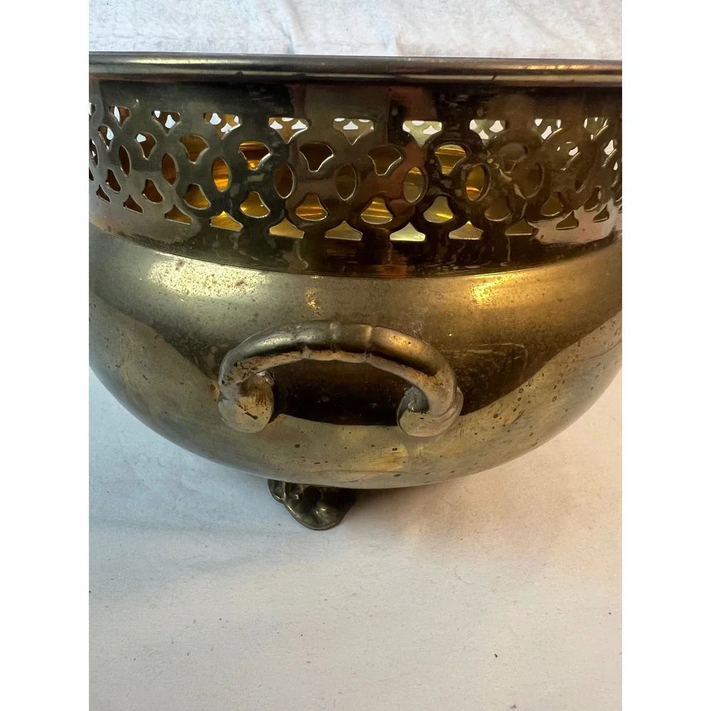 Vintage Brass Footed Planter‎ Reticulated Rim Lion Paw Feet Cachepot Bowl 7.5in